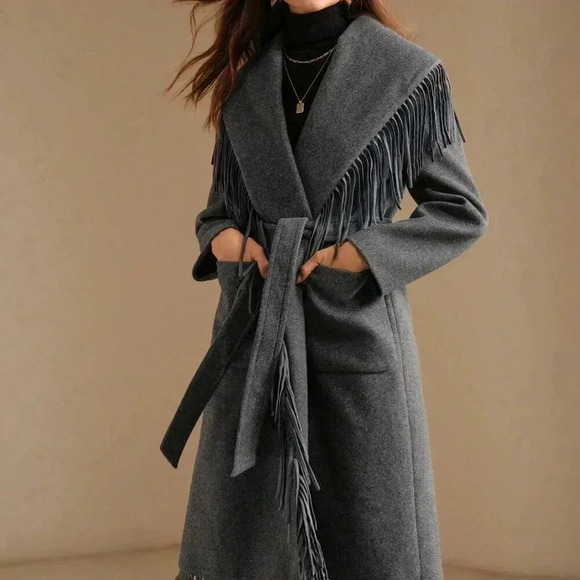 Grey Elegant Women's Faux Fur Collar Blend Jacket With Fringe Trim - Picture 5 of 8